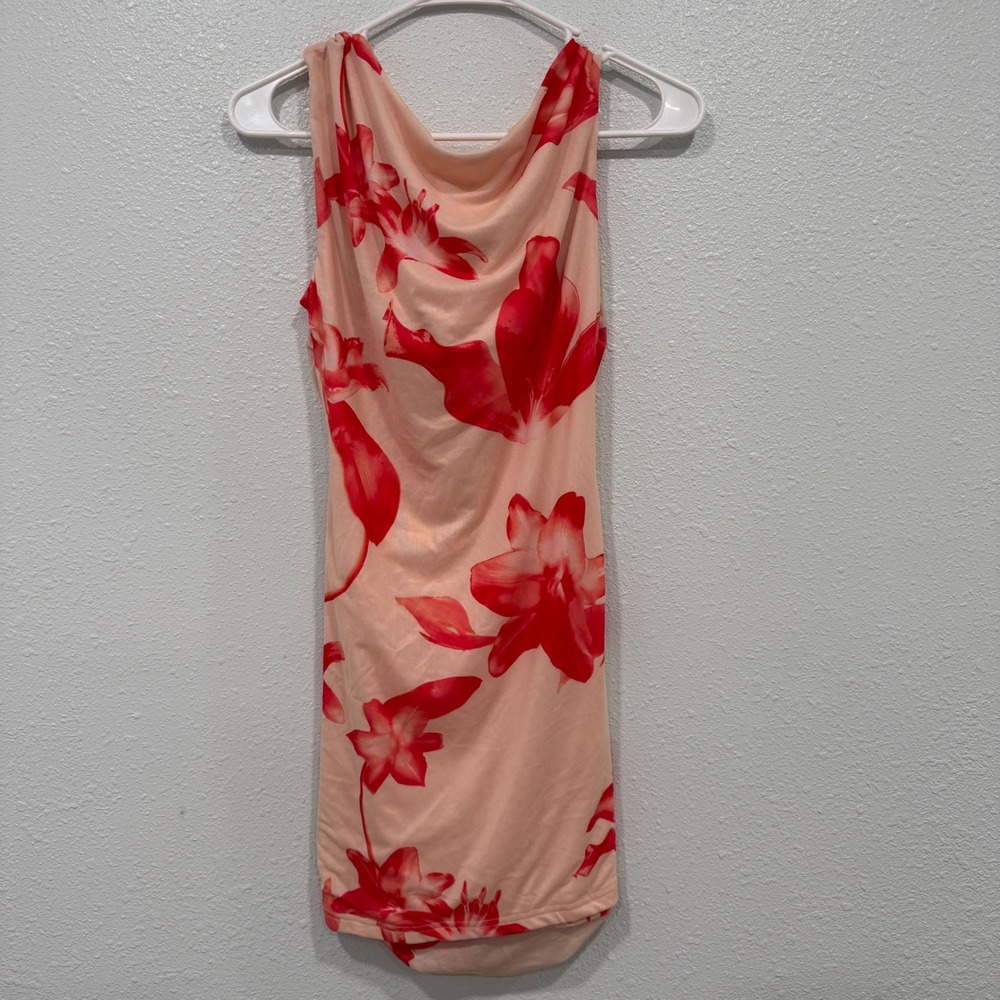 SHEIN Women Large Peach‎ Red Floral Cowl Neck Ruched Mesh Mini Bodycon Dress